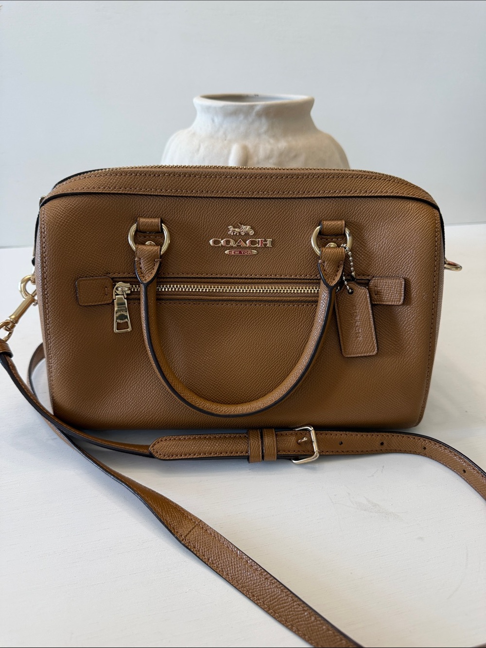 Coach Tan Pebbled Leather Satchel with Removable Strap